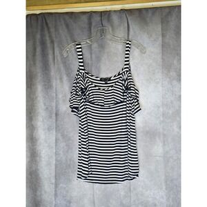CABLE & GAUGE XL Black White Striped Cold Shoulder Shirt Top Blouse Ruffle Nauti